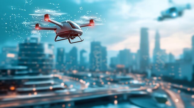Futuristic smart hospital facility seamlessly integrated with drones and autonomous ambulances in a technologically advanced glowing cityscape leaving copy space on the right