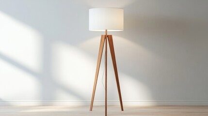 Modern tripod floor lamp with white shade in bright room.