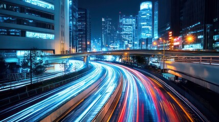 A futuristic highway where transparent cars speed through an urban jungle at night.