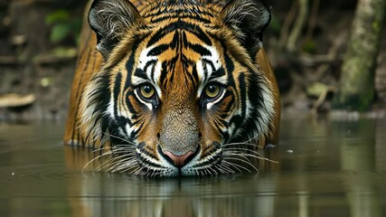 Majestic tiger prowling through calm waters in a lush jungle environment during the daytime