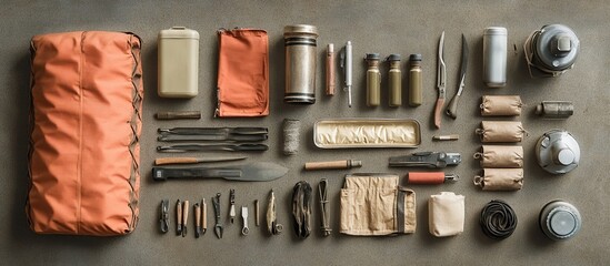 Vintage Camping And Survival Gear Collection: A curated Flat Lay of Essential Outdoor Equipment