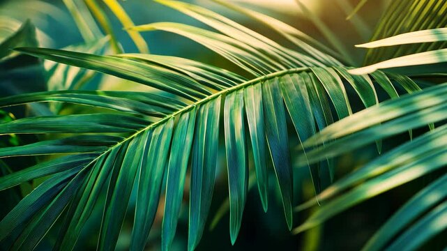 Close-up of vibrant green palm leaves with sunlight filtering through, nature and tropical foliage concept