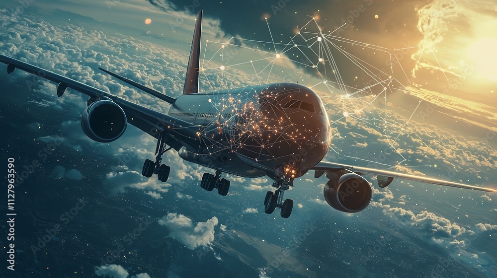 Poster a fleet of advanced high tech airplanes navigating the sky connected by a dynamic holographic networ