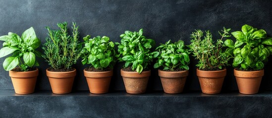 Aromatic herbs in terracotta pots on dark background.