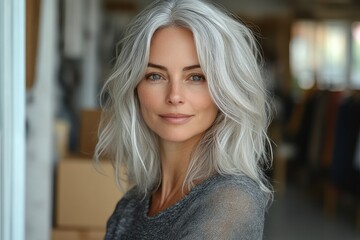 Portrait of a Happy Mature Woman with Silver Hair in Natural Light at Home