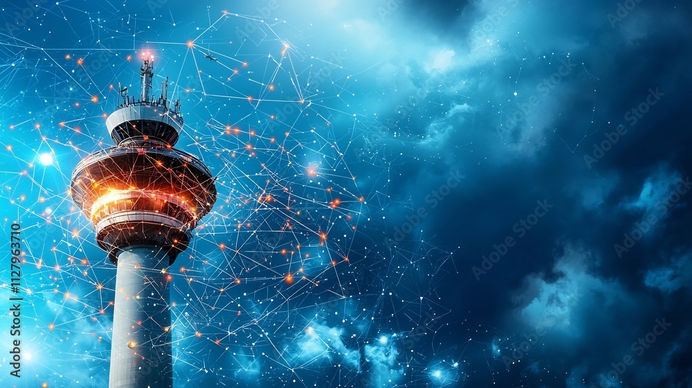 Poster an air traffic control tower with digital screens displaying interconnected flight paths represented