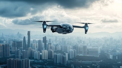 Advanced Cargo Drone Navigating Over Futuristic Urban Cityscape Connected to a Digital Logistics Network with Ample Copy Space
