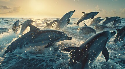 Fototapeta premium A group of dolphins playfully interacting with a pod of whales, engaging in synchronized swimming and leaping out of the water together