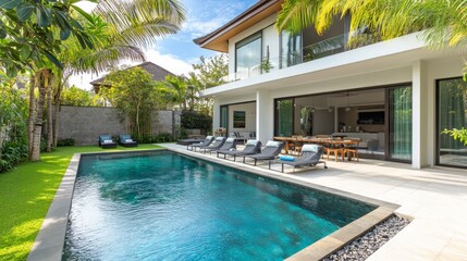 101.Expensive villa yard showcasing a minimalist dining setup with chairs and sun loungers near the sparkling swimming pool; the modern design and bright sunlit surroundings offer an inviting, serene