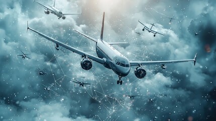 An aerial view showcasing a futuristic transportation network where planes and drones are connected and guided by a complex system of holographic navigation pathways