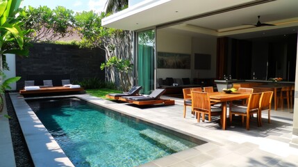 102.Sophisticated villa with poolside dining area, including a sleek table with chairs and wooden loungers; the sunny day illuminates the minimalist decor and the tranquil pool, creating an