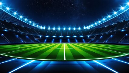 Beautiful empty sports stadium with a green grass field shines with blue spotlights at night with stars