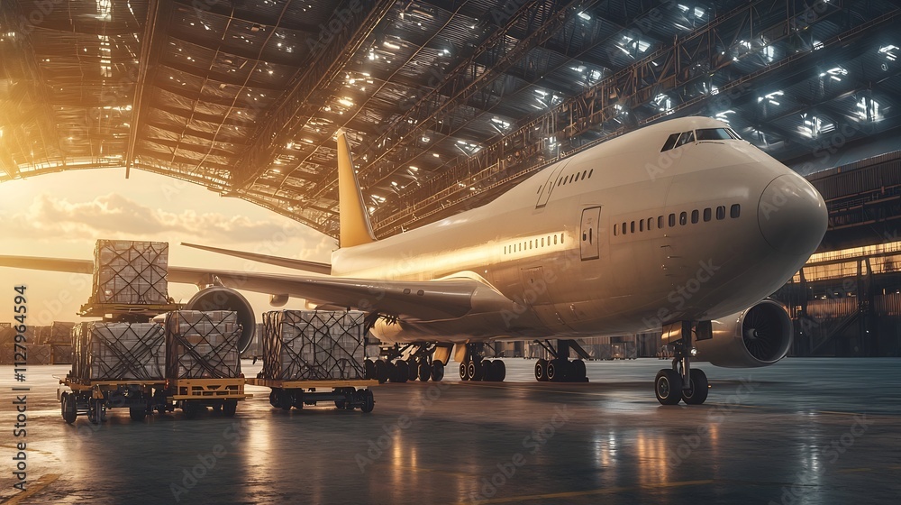 Poster futuristic cargo plane unloading goods with autonomous systems and connected to a real time logistic