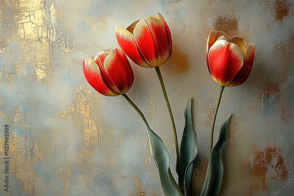 Poster elegant red and gold tulips on textured wall with soft light