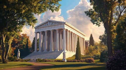 Obraz premium Ancient Greek temple, serene garden setting.