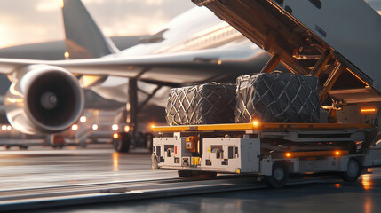 Naklejka premium baggage loader lifting cargo onto airplane at airport during sunrise, showcasing detailed machinery and logistics in aviation
