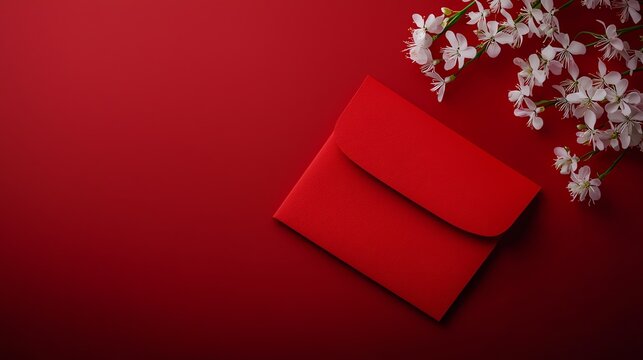 A vibrant red envelope rests elegantly against a matching red background, accented by delicate white flowers, creating a striking visual harmony and inviting a sense of celebration