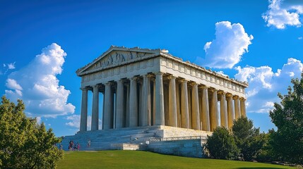 Ancient Greek temple, columns, sunny sky, green grass.