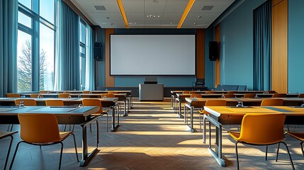 Modern conference room with large projection screen, wooden desks, orange chairs, and sunlight streaming through large windows.