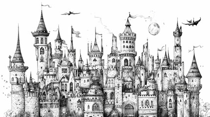 Enchanting fairy tale castle with tall spires and intricate detailing, perfect for magical and fantasy-themed designs in high resolution. Fable. Illustration
