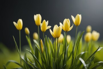 Fototapeta premium yellow flowers are growing in a green field with dark background