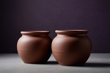 there are two brown vases sitting on a table with a purple background