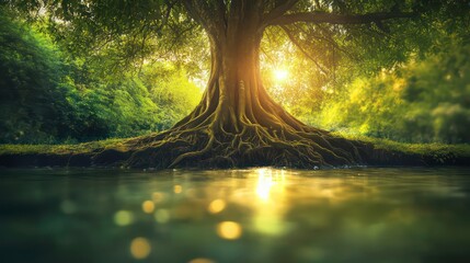 A giant tree with intricate roots reaching into a glowing, mystical pond.
