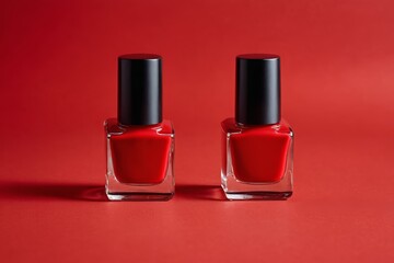 Obraz premium two red nail polish bottles with black caps on a red background
