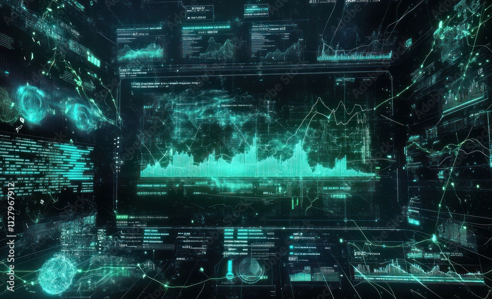 Poster Futuristic digital data visualization with global network, charts, and graphs.