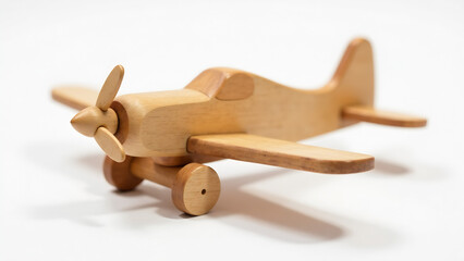 wooden toy airplane close up on white background