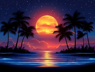 Tropical Sunset Scene With Palm Trees And Large Moon