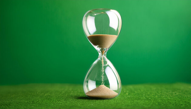 Hourglass time passing green background concept for business deadline, urgency and running