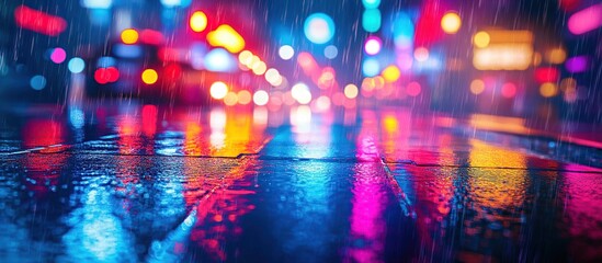 Rainy Night Cityscape: Vibrant Reflections on Wet Pavement