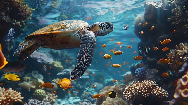 A loggerhead turtle accompanied by a school of fish as it swims through a vibrant coral reef ecosystem. 
