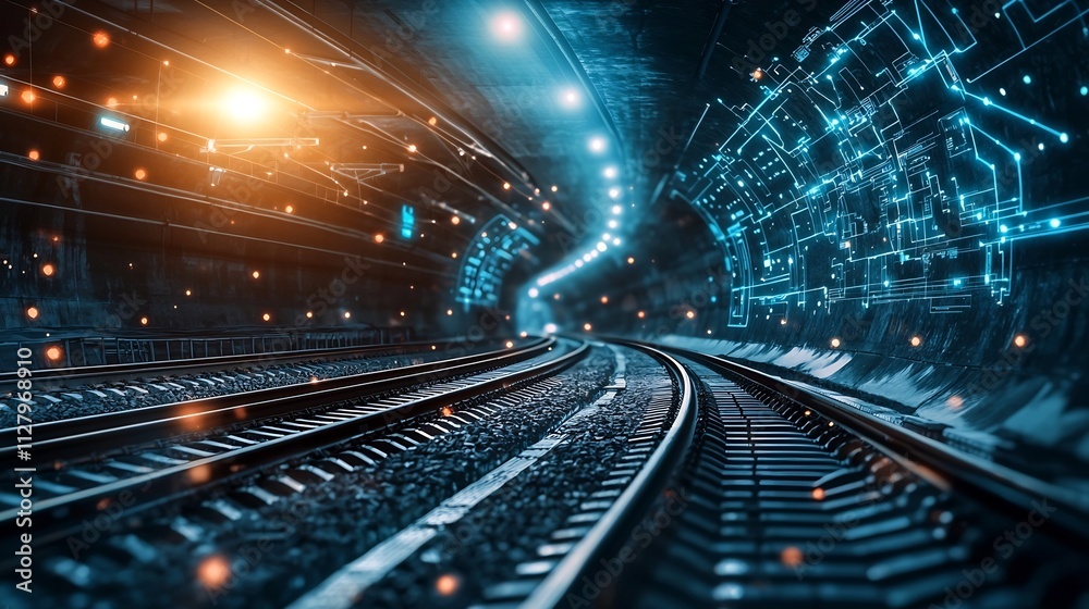 Poster futuristic underground transportation control room with advanced holographic interfaces and interact