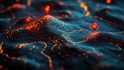 3D topographic map with red location pins and spatial data network lines for GIS analysis and geographic information systems