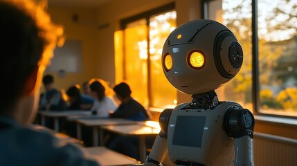 Fototapeta premium A robot interacts with a student in a classroom during sunset.