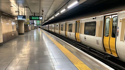 Photograph of a high tech underground train station platform featuring networked systems managing arrival and departure information leaving ample copyspace on the left side of the frame