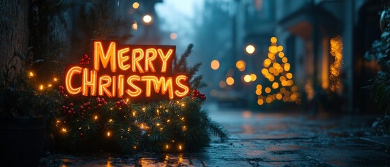 Tropical Christmas Scene with Merry Christmas Sign and Soft Bokeh Lights in Dreamy Surreal Style