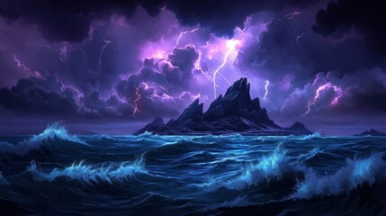 Fototapeta premium Stormy sky over a lonely island in the sea, turbulent waves, dramatic lighting,