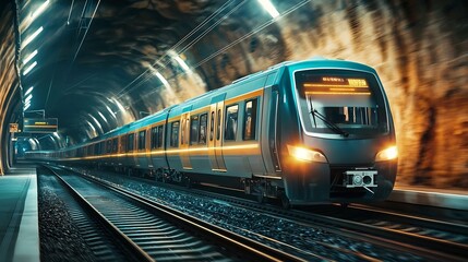Naklejka premium Sleek and high speed underground train gracefully moving through an illuminated tunnel with glowing lines representing real time network communication and data flow