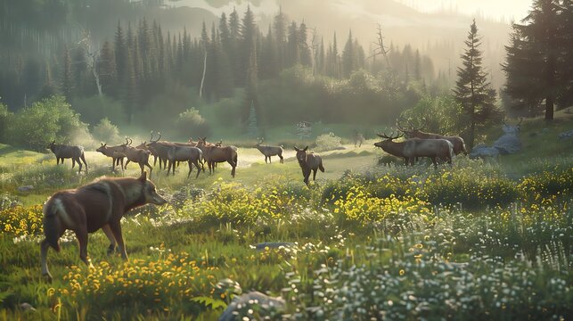 : A pack of wolves and a herd of elk grazing side by side in a meadow, illustrating a delicate balance of predator and prey relationships