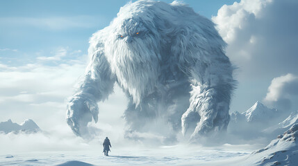 A massive snow creature looms over a tiny figure in a frozen landscape, embodying the essence of mythical legends and icy exploration. Fable. Illustration