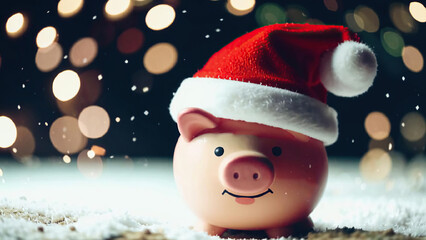 An Adorable Piggy Bank in a Santa Hat Sparkling Against a Beautiful Bokeh