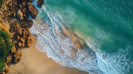 Fototapeta premium Coastal Beach Aerial View. Turquoise Ocean Waves Crashing on Golden Sand. Tropical Paradise.