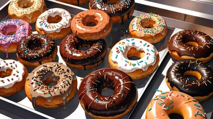 Video footage of tray of assorted donuts with various toppings including chocolate, sprinkles, and icing, showcasing a colorful and appetizing selection of pastries