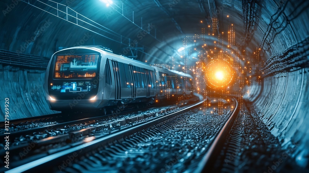 Poster futuristic underground transportation hub with interconnected trains and glowing network lines enabl