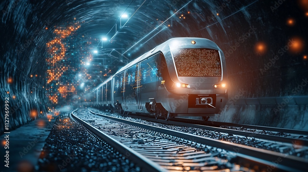 Poster futuristic underground transportation system with interconnected trains exchanging data via a glowin