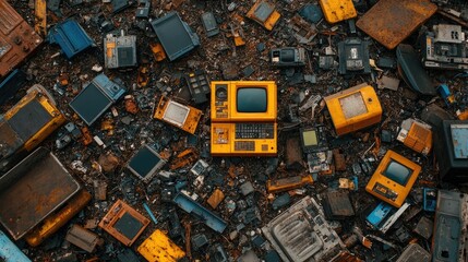 Scattered vintage electronics in landfill.