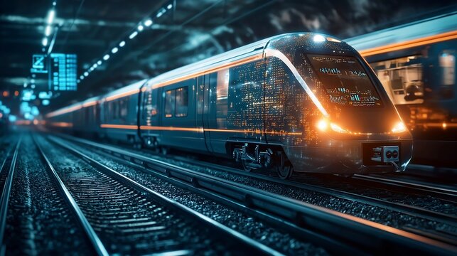 A photograph of a futuristic underground transportation line with trains interconnected via a glowing network of data exchange lines leaving copy space on the left  The scene depicts a sleek